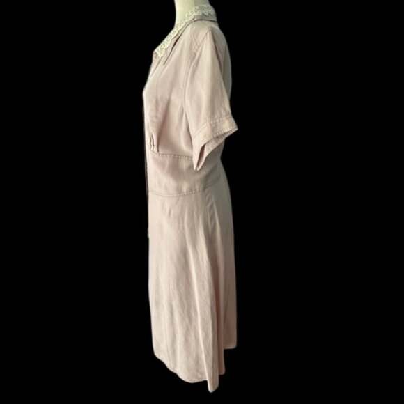 KRIZIA Designer Tailored Sheath Shirt Dress Pink Lace Collar Short Sleeve Sz 14 - Picture 10 of 16